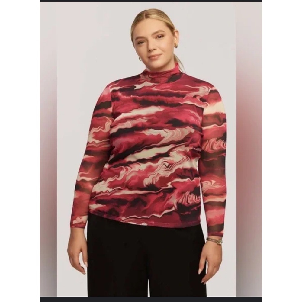 Anne Klein XL longsleeve mesh sheer long sleeve mock neck red black Stretch - Picture 2 of 11